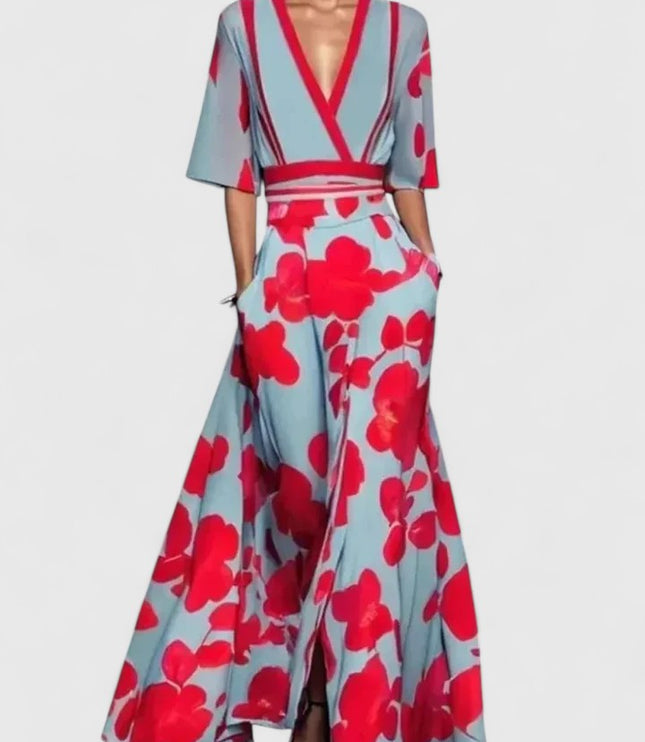 Women's Wide Leg Pants Two-Piece with a Crossover Wrap Top