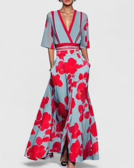 Women's Wide Leg Pants Two-Piece with a Crossover Wrap Top