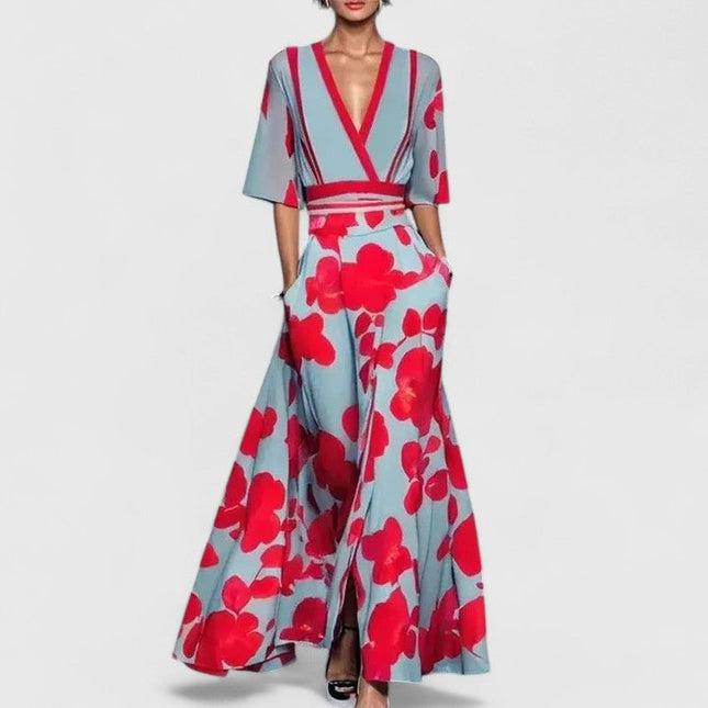 Women's Wide Leg Pants Two-Piece with a Crossover Wrap Top