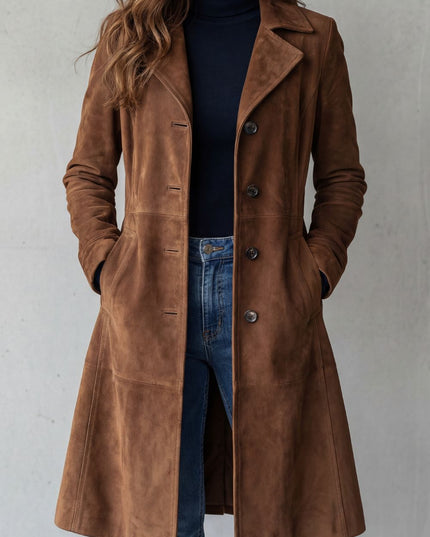Women's Winter Coat in Longline Suede with Button Front