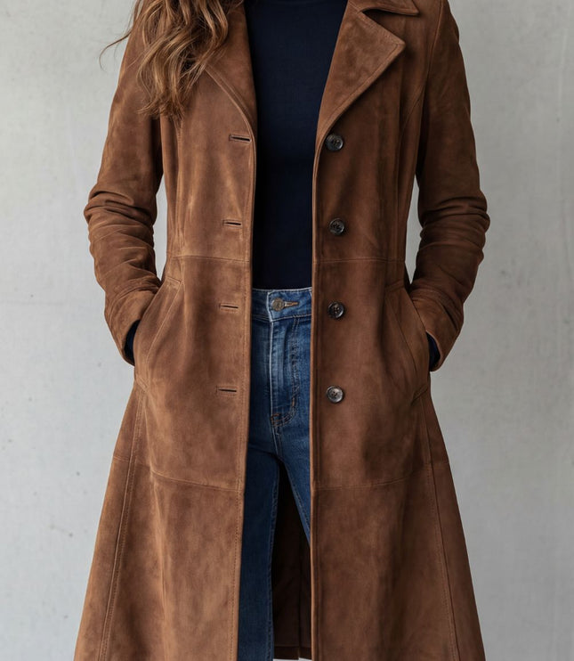 Women's Winter Coat in Longline Suede with Button Front