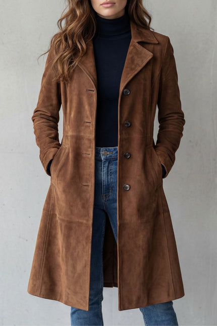 Women's Winter Coat in Longline Suede with Button Front