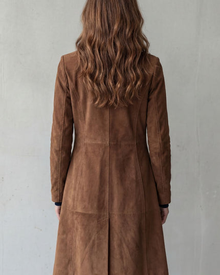 Women's Winter Coat in Longline Suede with Button Front