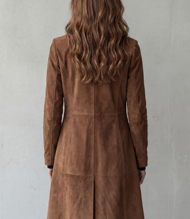 Women's Winter Coat in Longline Suede with Button Front