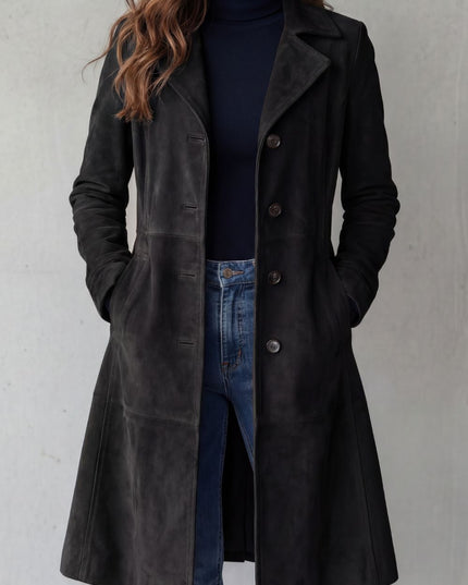 Women's Winter Coat in Longline Suede with Button Front