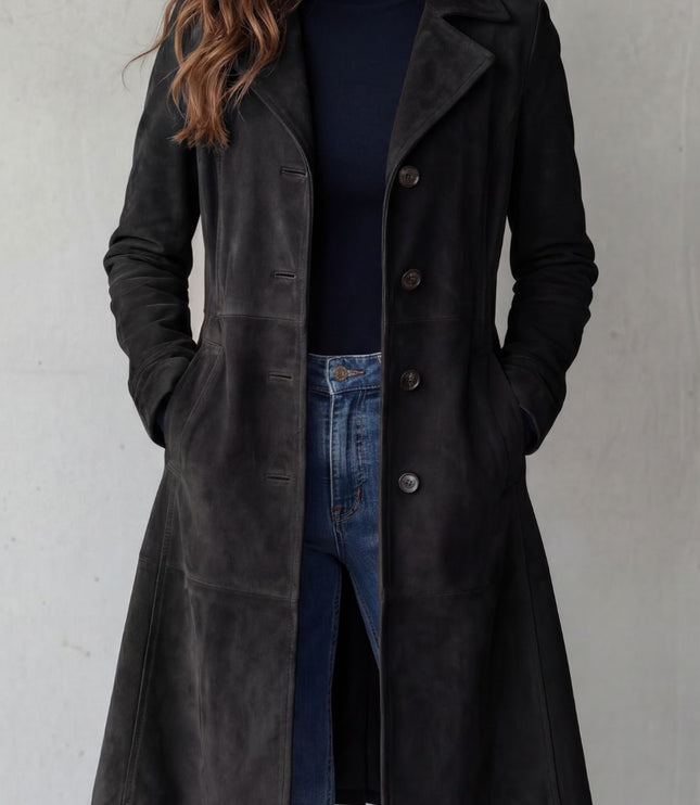 Women's Winter Coat in Longline Suede with Button Front