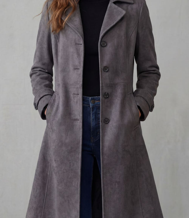 Women's Winter Coat in Longline Suede with Button Front