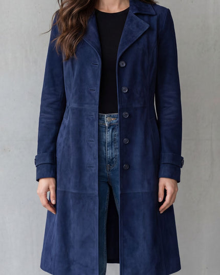 Women's Winter Coat in Longline Suede with Button Front