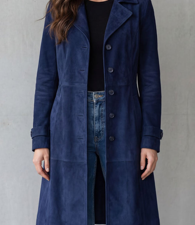 Women's Winter Coat in Longline Suede with Button Front
