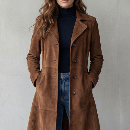 Women's Winter Coat in Longline Suede with Button Front