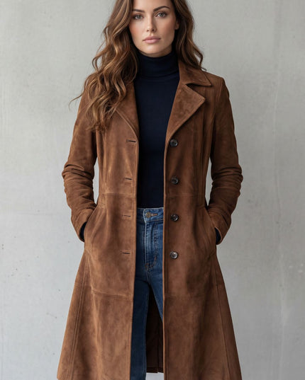 Women's Winter Coat in Longline Suede with Button Front