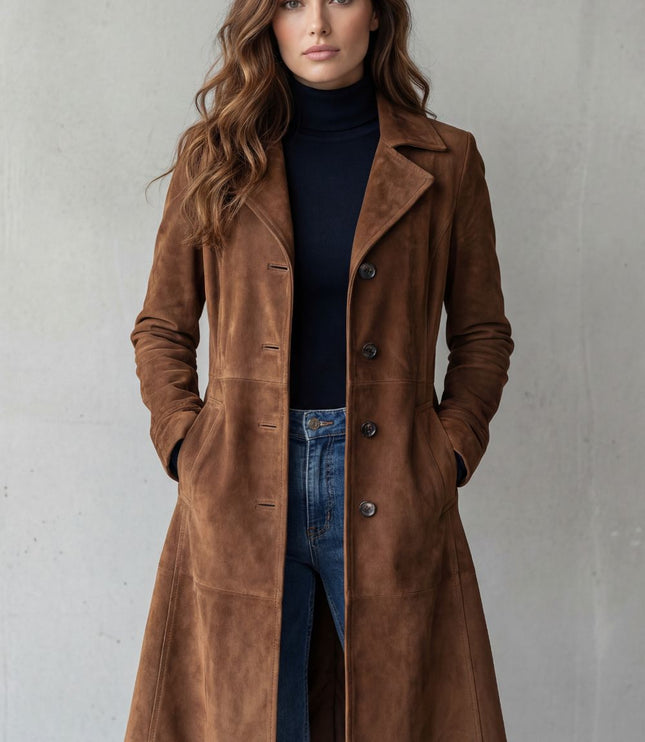 Women's Winter Coat in Longline Suede with Button Front