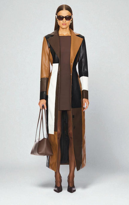 Women's Winter Coat in Soft Leather with Mosaic Panels