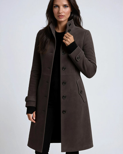 Women's Winter Coat with a High Stand Collar and Button Front