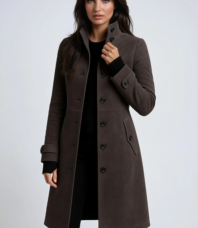 Women's Winter Coat with a High Stand Collar and Button Front