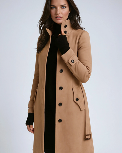Women's Winter Coat with a High Stand Collar and Button Front