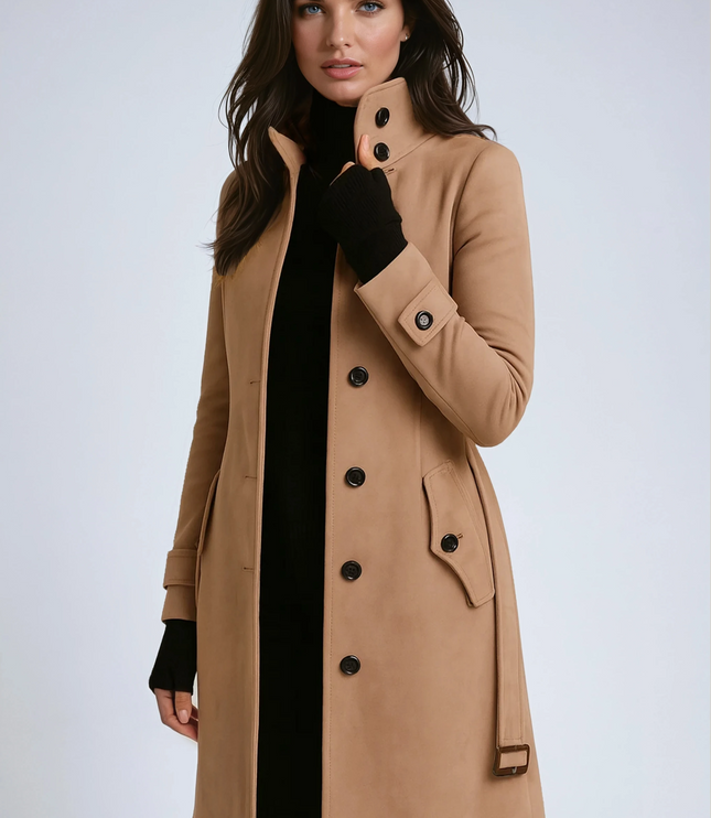 Women's Winter Coat with a High Stand Collar and Button Front