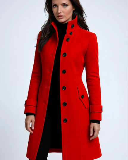 Women's Winter Coat with a High Stand Collar and Button Front