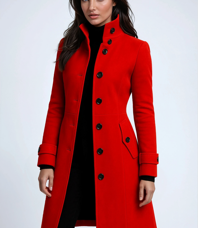 Women's Winter Coat with a High Stand Collar and Button Front