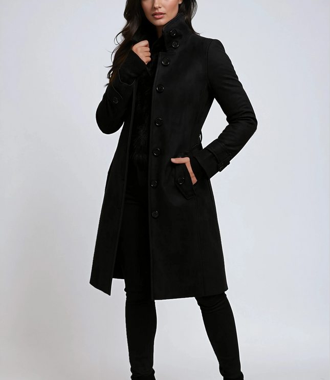 Women's Winter Coat with a High Stand Collar and Button Front
