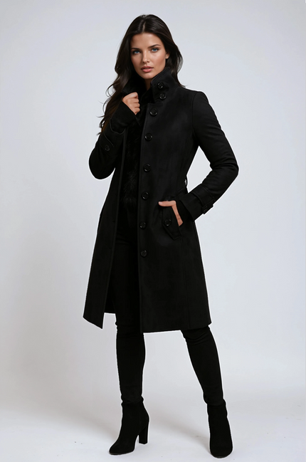 Women's Winter Coat with a High Stand Collar and Button Front