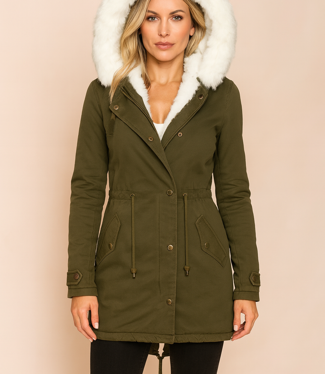 Women's Winter Parka Coat with Faux Fur Trimmed Hood