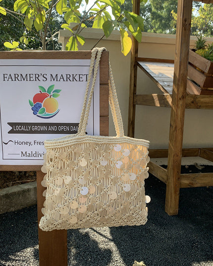 Women's Woven Sequin Beach Bag with Rope Handles