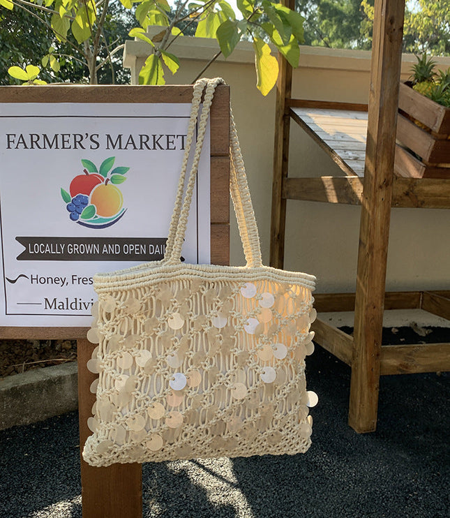 Women's Woven Sequin Beach Bag with Rope Handles