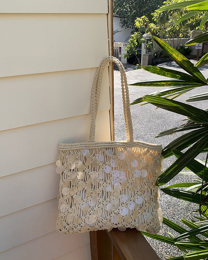 Women's Woven Sequin Beach Bag with Rope Handles