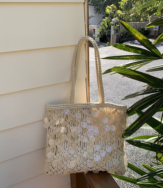 Women's Woven Sequin Beach Bag with Rope Handles