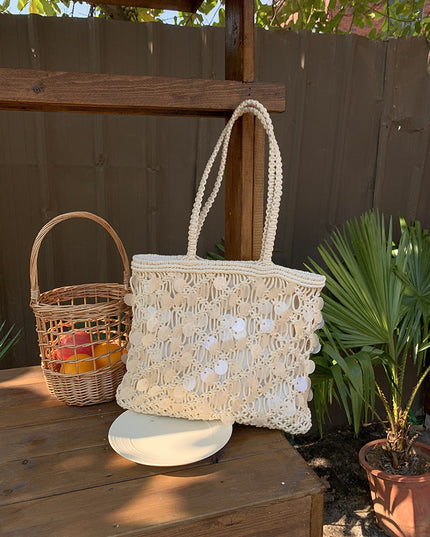 Women's Woven Sequin Beach Bag with Rope Handles