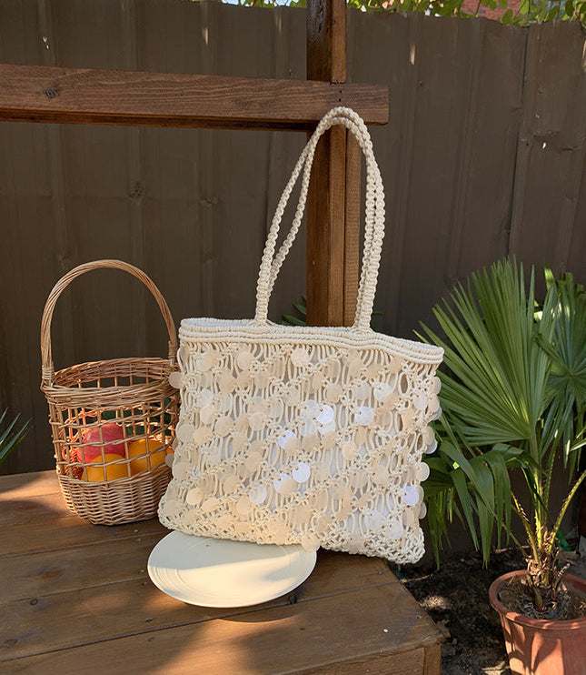 Women's Woven Sequin Beach Bag with Rope Handles