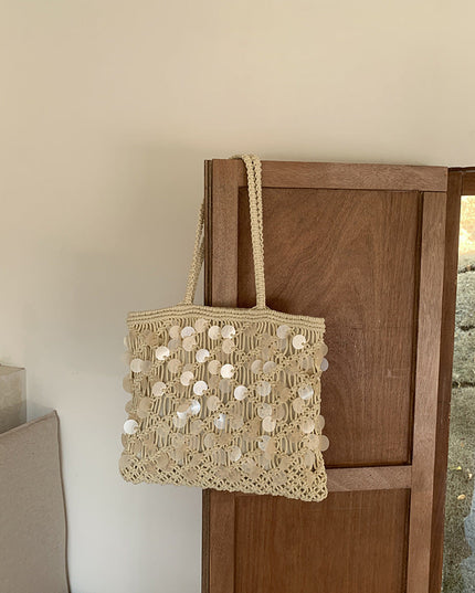 Women's Woven Sequin Beach Bag with Rope Handles