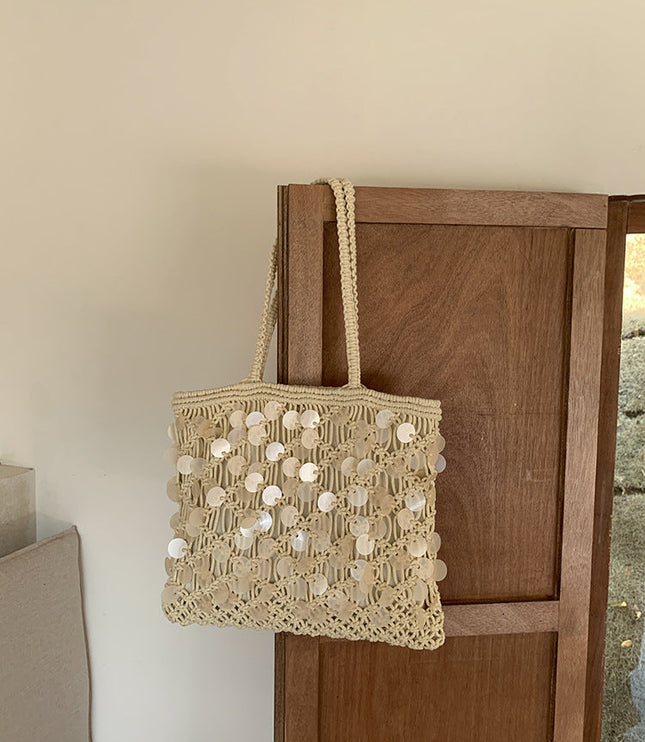 Women's Woven Sequin Beach Bag with Rope Handles