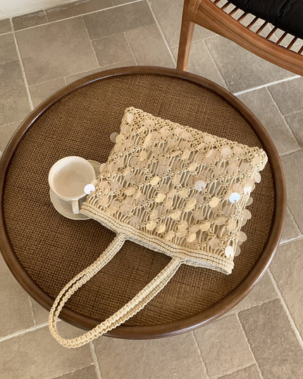 Women's Woven Sequin Beach Bag with Rope Handles