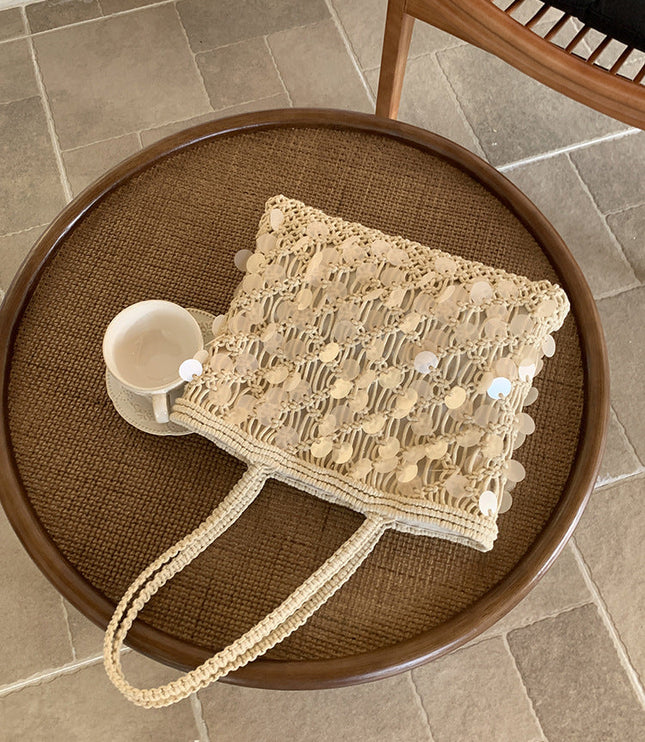 Women's Woven Sequin Beach Bag with Rope Handles