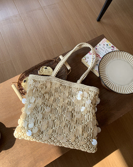 Women's Woven Sequin Beach Bag with Rope Handles
