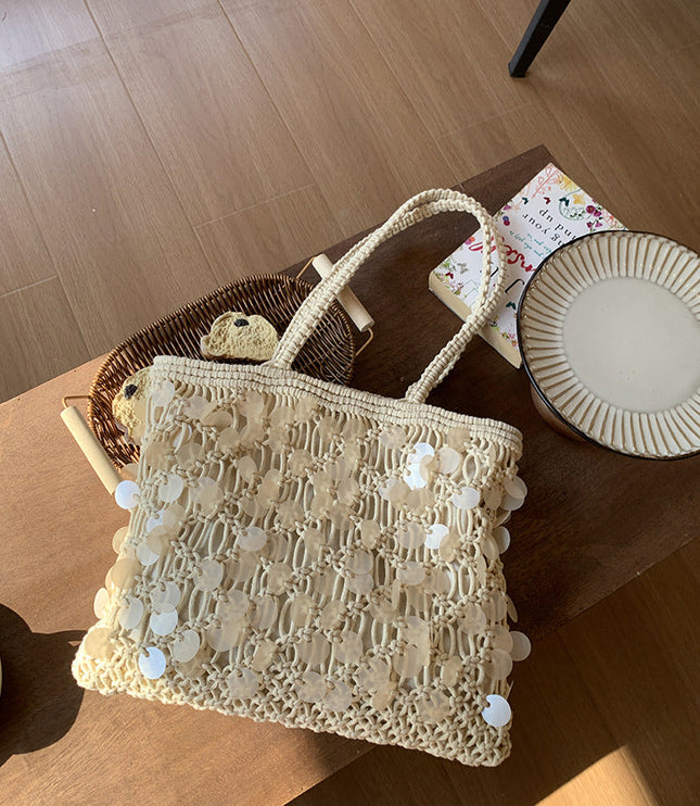 Women's Woven Sequin Beach Bag with Rope Handles