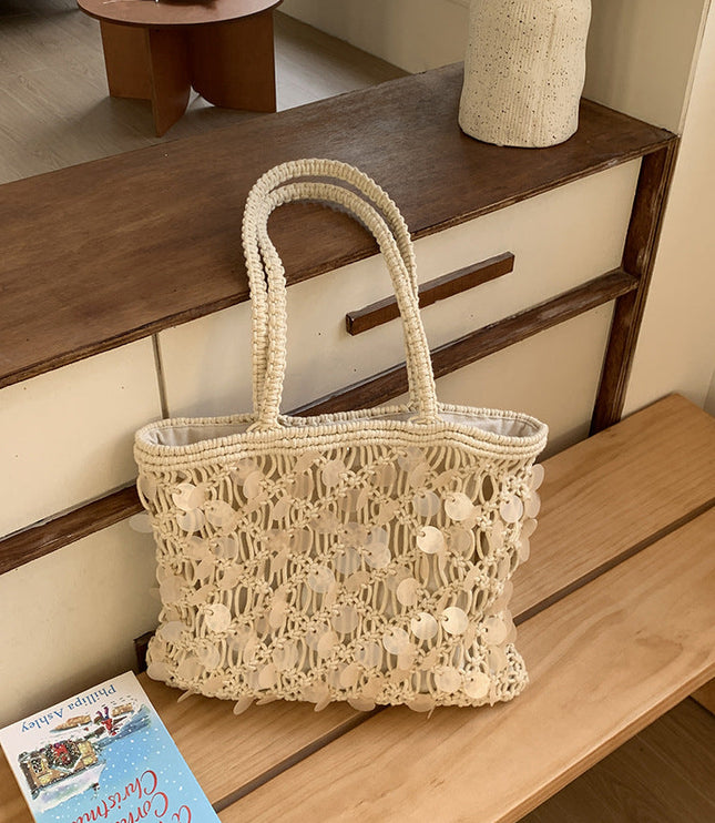 Women's Woven Sequin Beach Bag with Rope Handles