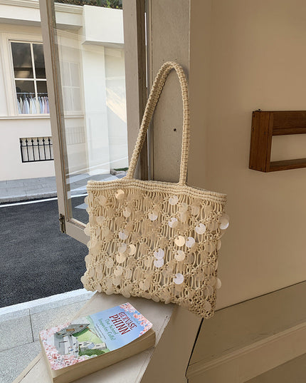 Women's Woven Sequin Beach Bag with Rope Handles
