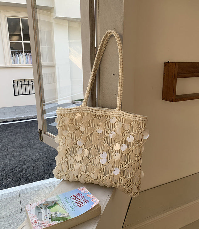 Women's Woven Sequin Beach Bag with Rope Handles