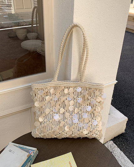 Women's Woven Sequin Beach Bag with Rope Handles