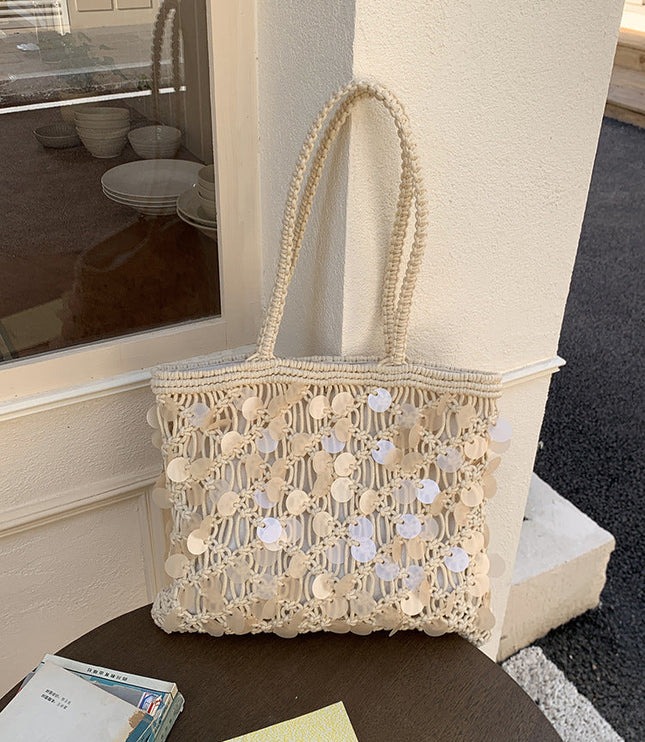 Women's Woven Sequin Beach Bag with Rope Handles