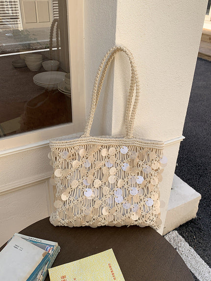 Women's Woven Sequin Beach Bag with Rope Handles