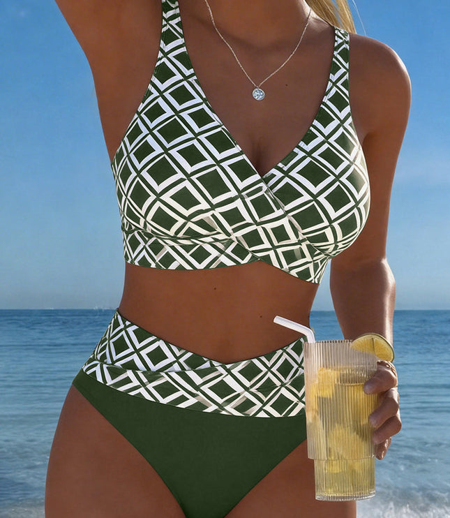 Women's Wrap Front Diamond Print High-Waist Bikini