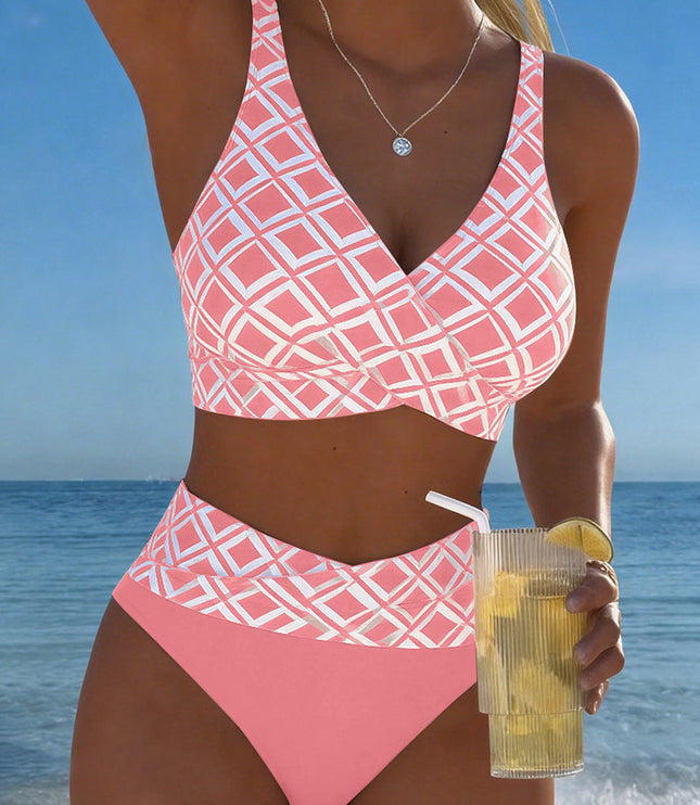Women's Wrap Front Diamond Print High-Waist Bikini