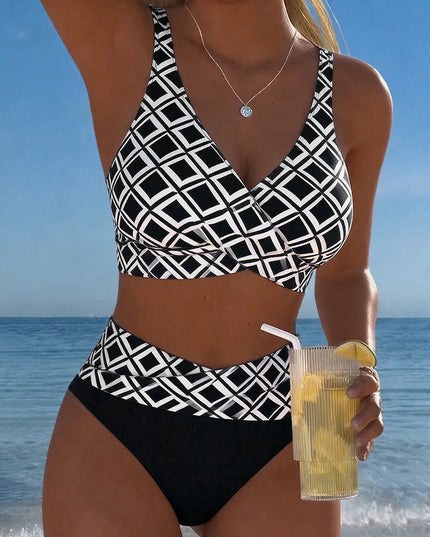 Women's Wrap Front Diamond Print High-Waist Bikini