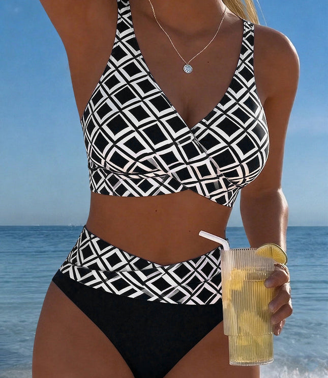 Women's Wrap Front Diamond Print High-Waist Bikini