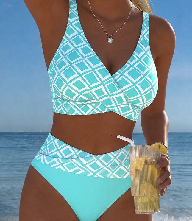 Women's Wrap Front Diamond Print High-Waist Bikini