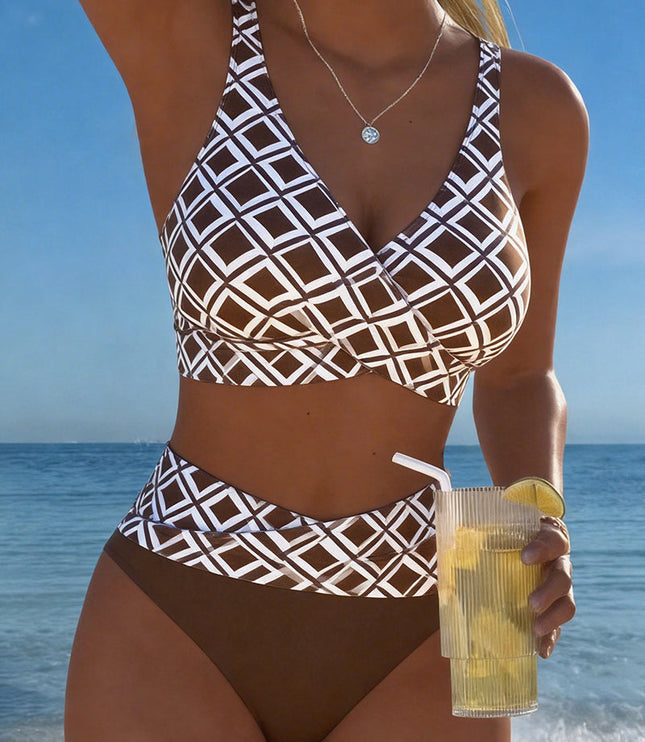 Women's Wrap Front Diamond Print High-Waist Bikini